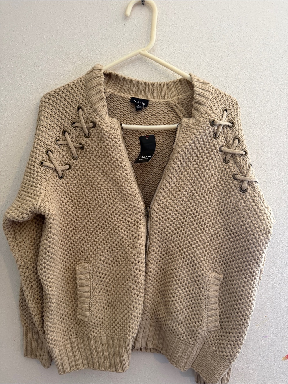 torrid beige knit lace-up shoulder zip cardigan